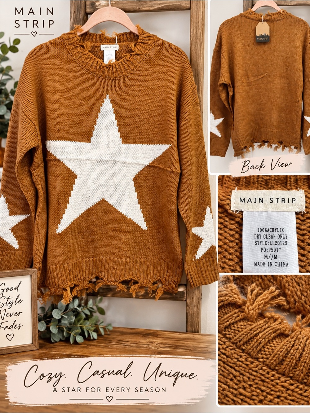 Main Strip Rust Brown Star Intarsia Distressed Sweater
